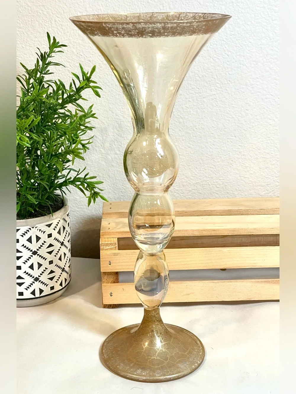 Bombay Glass Vintage Champagne & Gold Carnival Glass Vase | Opalescent